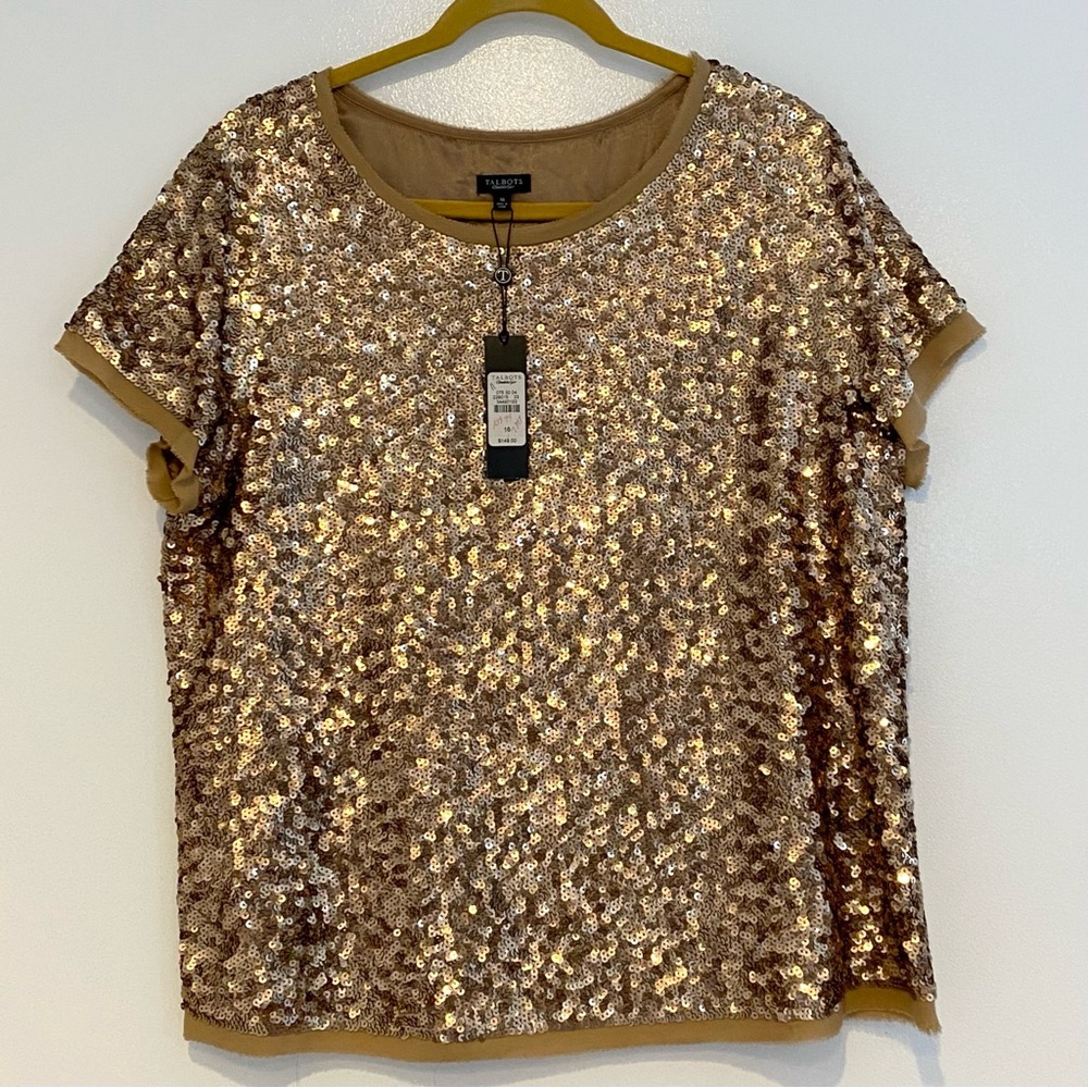 Talbots Gold Silk Sequin Short Sleeve Top - Size 16 - New w/Tag